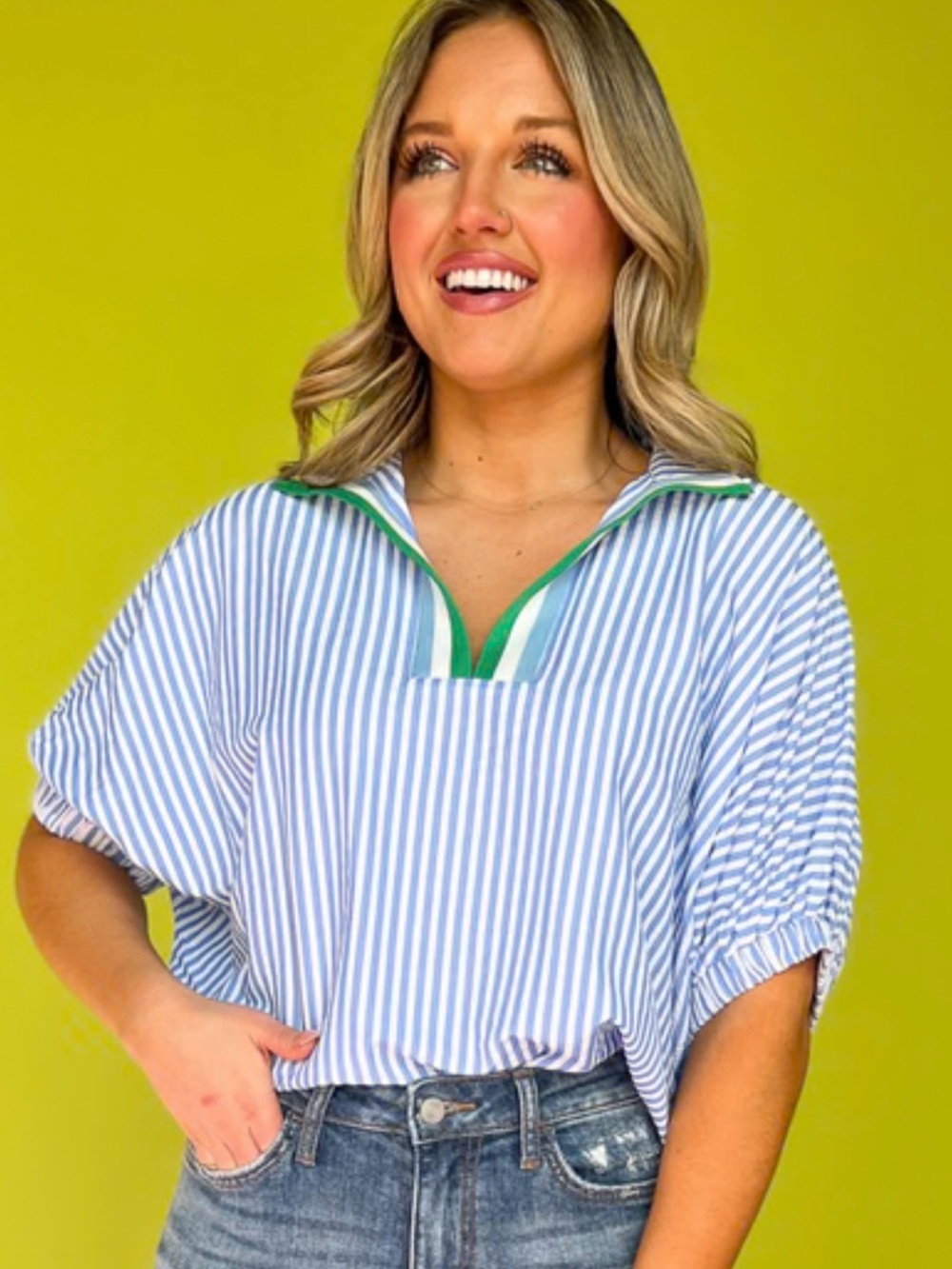 entro Blue and White Striped Button-Down Top with Green Trim - Picture 3 of 7